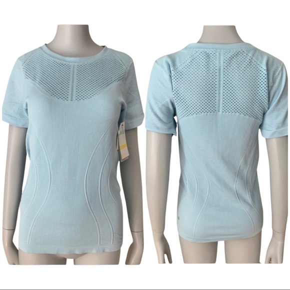 NWT ZELLA Orydalis Stretchy Seamless Short Sleeve Top Blue Workout Athletic SM - Picture 16 of 16